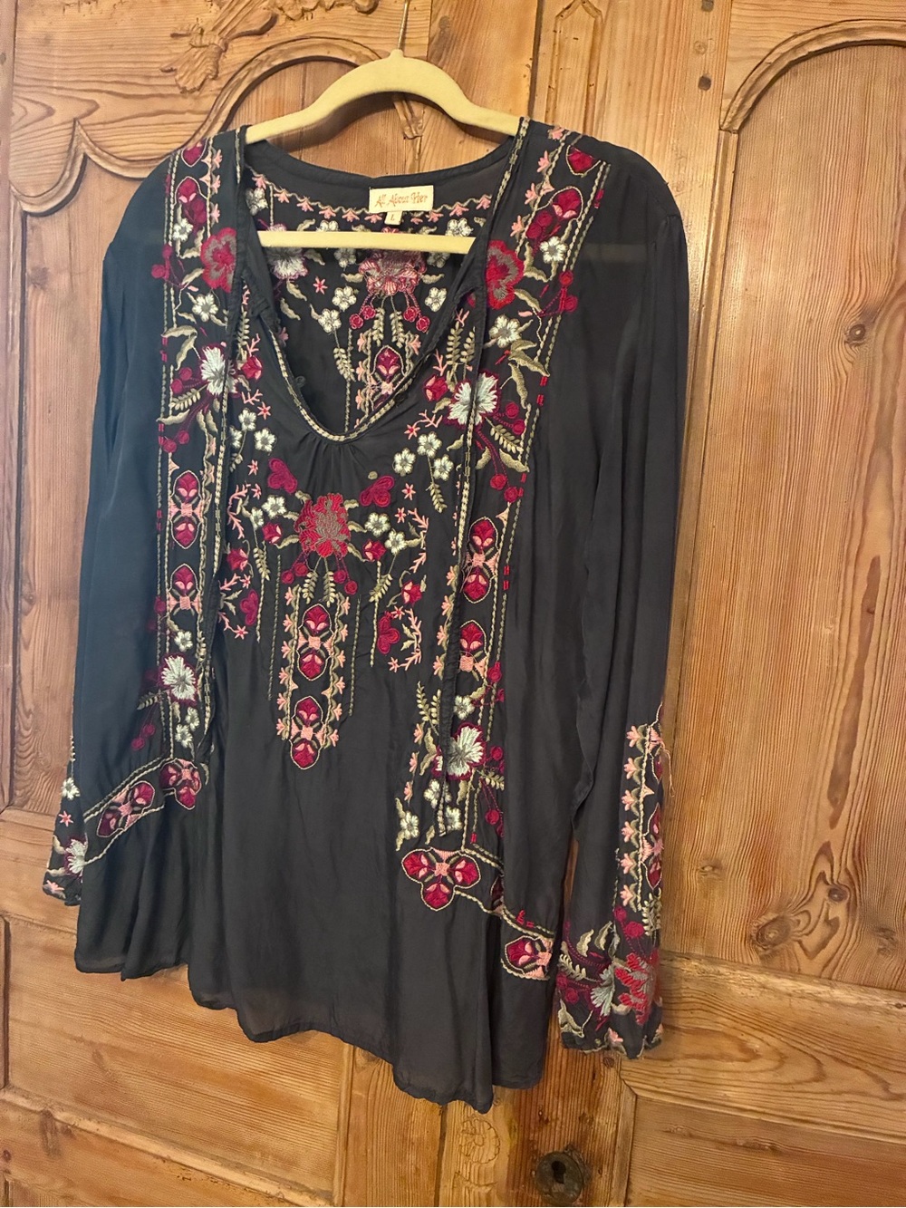 Embroidered Black Boho Tunic with Red Floral Detail